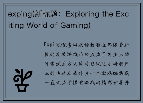 exping(新标题：Exploring the Exciting World of Gaming)